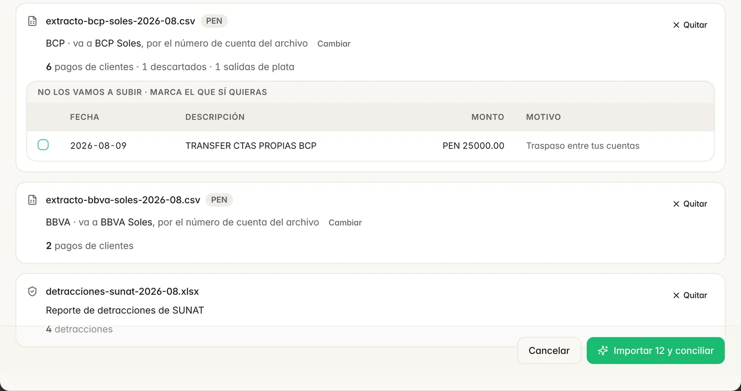 Importación en Rumo de extractos del BCP y del BBVA y del reporte de detracciones de SUNAT, con el traspaso entre cuentas propias separado, con datos de demostración