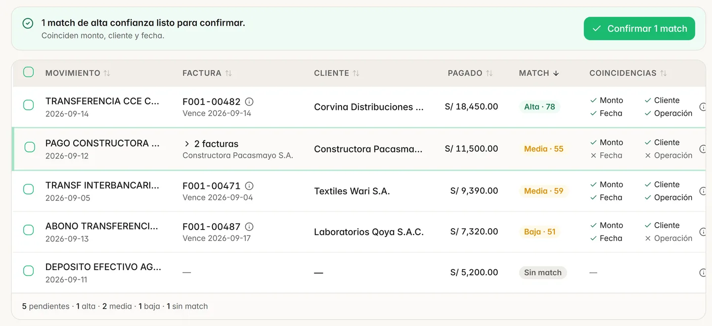 Conciliación en Rumo: movimientos bancarios con la factura propuesta, el nivel de match y los datos que coincidieron, con datos de demostración