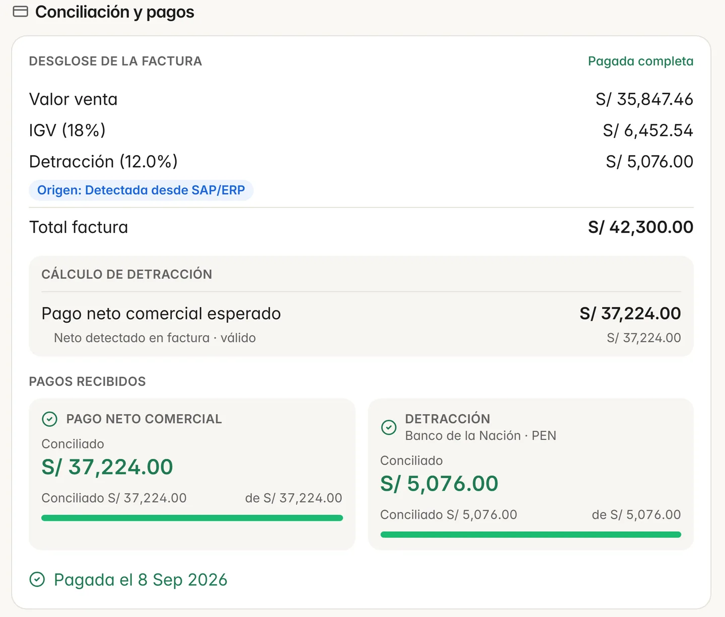 Factura en Rumo con el pago neto comercial y la detracción del Banco de la Nación conciliados por separado, con datos de demostración