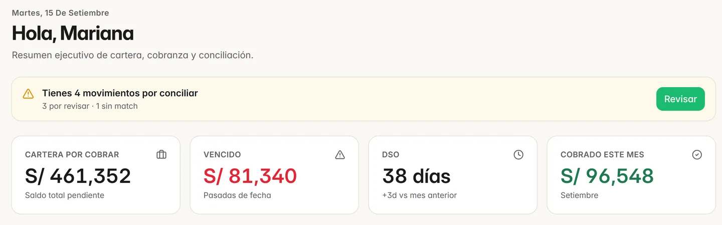 Inicio de Rumo con los movimientos por conciliar, la cartera por cobrar, lo vencido, el DSO y lo cobrado este mes, con datos de demostración