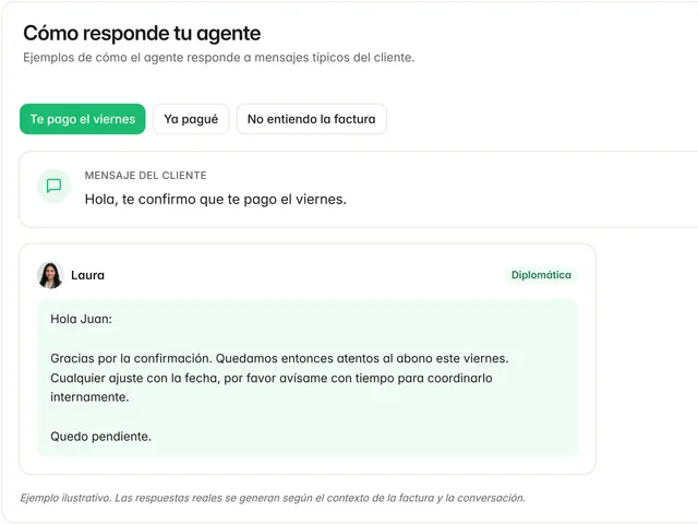 Tarjeta «Cómo responde tu agente» con ejemplos de respuesta