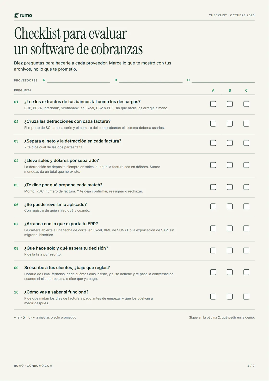 Primera página del checklist: las 10 preguntas con casillas para tres proveedores